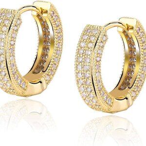 Women's Yellow Gold Huggie Cartilage Cubic Zirconia Cuff Luxury Hoop Earrings